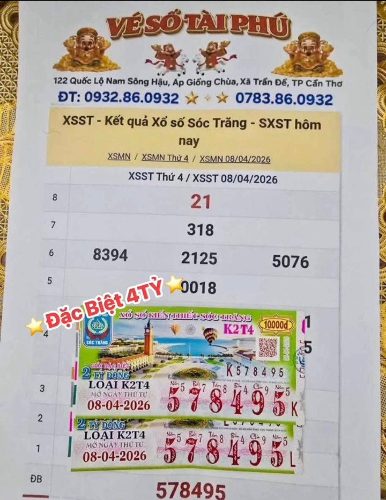 2 tờ trúng độc đắc xổ số miền Nam ngày 8 tháng 4