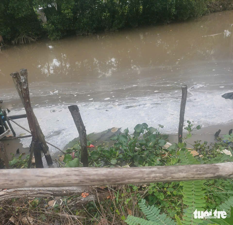 Phía trước Cơ sở chế biến thức ăn thủy sản Kiên Giang có nguồn nước ô nhiễm, bốc