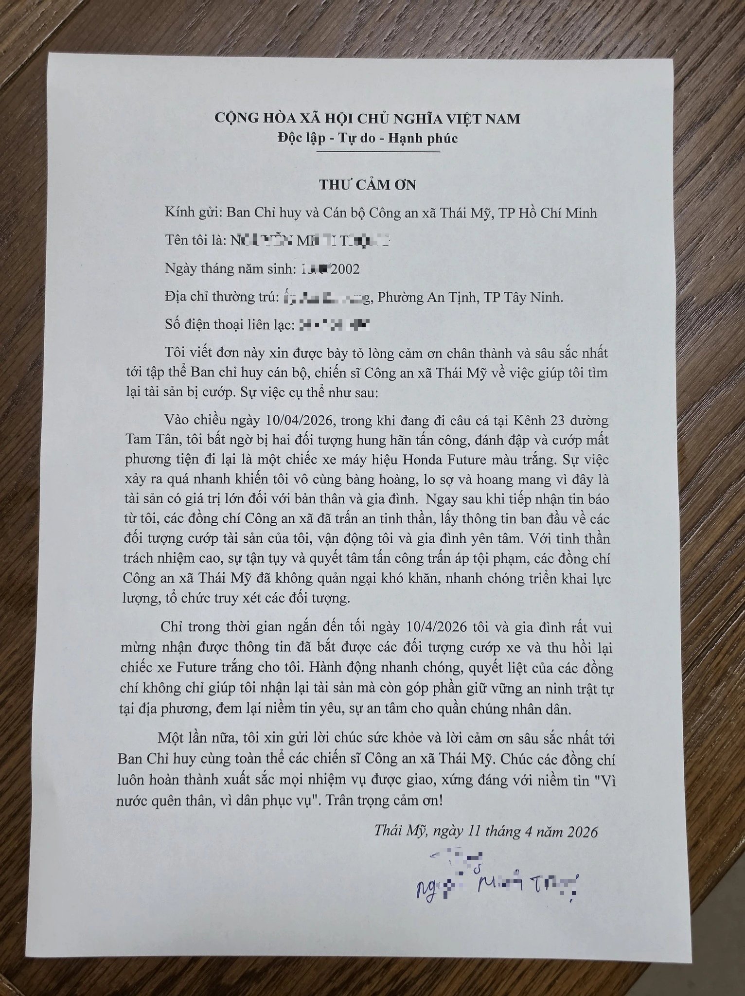 Thư cảm ơn anh T. gửi đến Công an xã Thái Mỹ