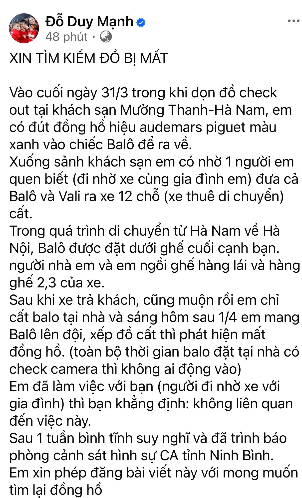 Duy Mạnh chia sẻ trên trang cá nhân