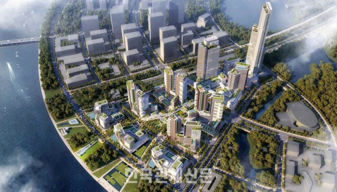호치민 1군과 2군 안푸 사이, 투득시 투티엠(Thu Thiem) 일대 전경. Ho Chi Minh City 은 2030년까지 이 지역을 베트남 최대 규모의 금융·물류·상업·주거 복합지구로 육성하기 위해 개발 속도를 높이고 있다. 롯데그룹의 투티엠 에코 스마트시티 조감도 | 사진=롯데그룹