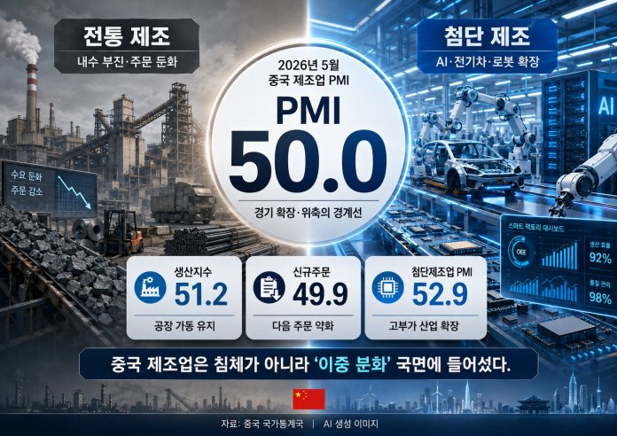 중국 제조업은 침체가 아니라 분화의 국면에 들어섰다. 2026년 5월 전체 제조업 PMI는 50.0에 머물렀지만, 첨단제조업 PMI는 52.9를 기록하며 전통 제조와 첨단 제조의 격차가 뚜렷해지고 있다. | 한국관세신문 AI 생성 이미지