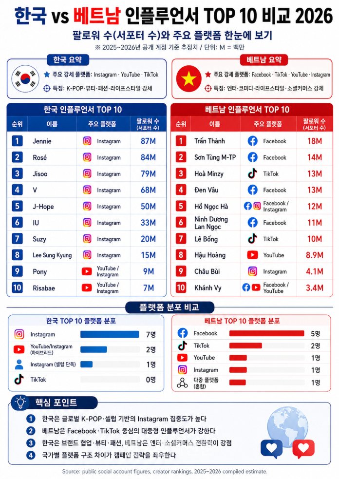 한국과 베트남 인플루언서 TOP10의 팔로워 수와 주요 플랫폼을 비교한 인포그래픽. 한국은 인스타그램 중심의 글로벌 셀럽 파워가, 베트남은 페이스북·틱톡 중심의 대중성과 전환력이 각각 강점으로 나타났다.|한국관세신문