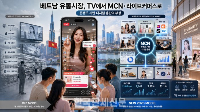 베트남 유통시장의 진입 공식이 TV·오프라인 중심에서 MCN·라이브커머스 중심으로 빠르게 이동하고 있다. 이제 오프라인 매장은 판매 공간이 아니라, 온라인 구매 전환을 돕는 체험 공간으로 재편되고 있다.|한국관세신문 AI생성이미지