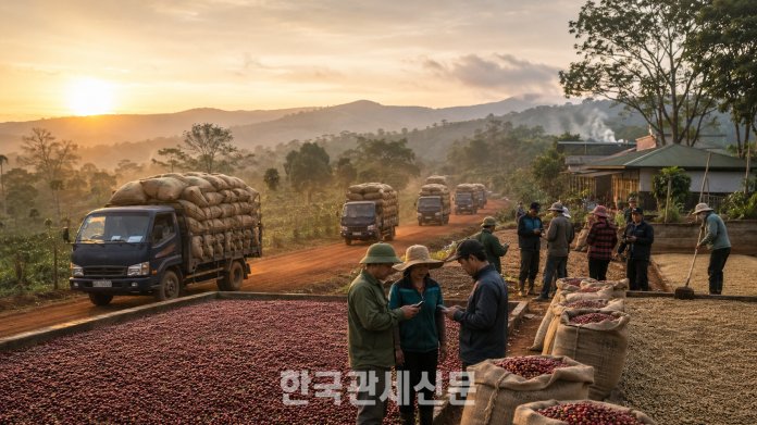 베트남 중부고원 닥락성의 커피 산지에서 수확한 원두가 건조되고 있다. 기후변화와 글로벌 원두 가격 급등 속에서 베트남산 로부스타는 세계 커피 공급망의 핵심 원료로 부상하고 있다. │ AI 생성 이미지