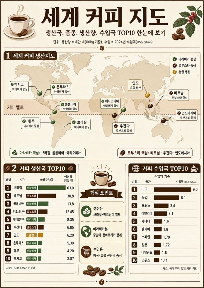 세계 커피 생산지도와 생산·수입 상위 10개국 현황을 정리한 인포그래픽. 브라질·콜롬비아·에티오피아는 아라비카 중심 생산국으로, 베트남·우간다·인도네시아는 로부스타 중심 생산국으로 분류된다. 커피 수입은 미국과 유럽 주요국이 주도하고 있다. │ 한국관세신문 인포그래픽