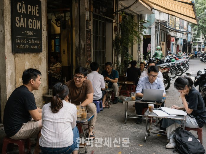 호치민 골목의 로컬 카페. 베트남에서 카페는 단순한 음료 판매점이 아니라 사람들이 일하고, 쉬고, 만나는 생활 공간으로 자리 잡았다. │한국관세신문 AI 생성 이미지
