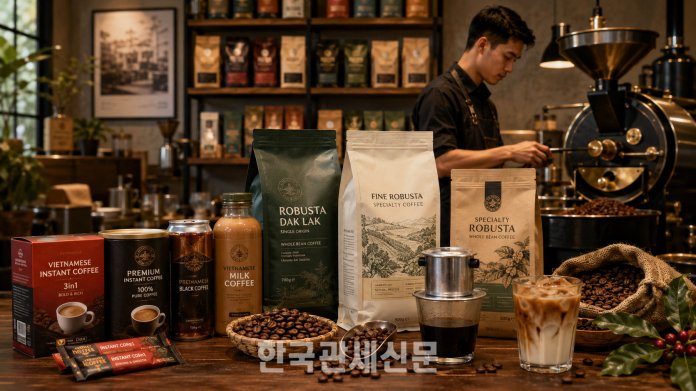 G7로 대표되던 베트남 커피 시장이 빠르게 고급화되고 있다. 쭝응우옌 레전드, 비나카페, 하이랜드 커피 등 현지 브랜드들은 RTD 제품과 프리미엄 로부스타, 스페셜티 커피 시장으로 확장하며 ‘원두 수출국’ 베트남을 ‘커피 브랜드 국가’로 바꾸고 있다. │ 한국관세신문 AI 생성 이미지