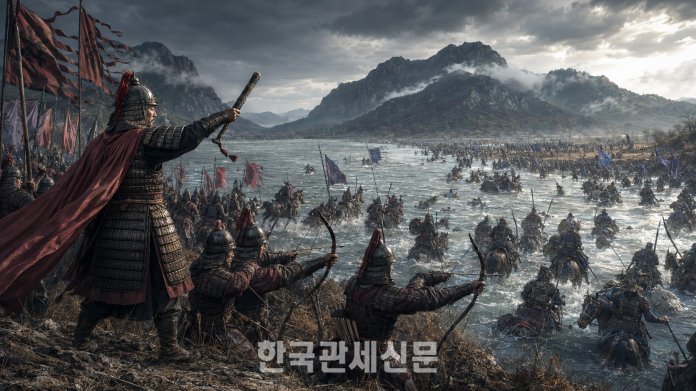 612년 살수대첩에서 을지문덕 장군이 살수를 건너던 수나라 대군을 향해 고구려군의 총공격을 지휘하는 장면. 고구려는 수 양제의 대규모 원정군을 격파하며 침공을 저지했다. | 사진은 역사적 사실을 바탕으로 재구성한 AI 이미지.