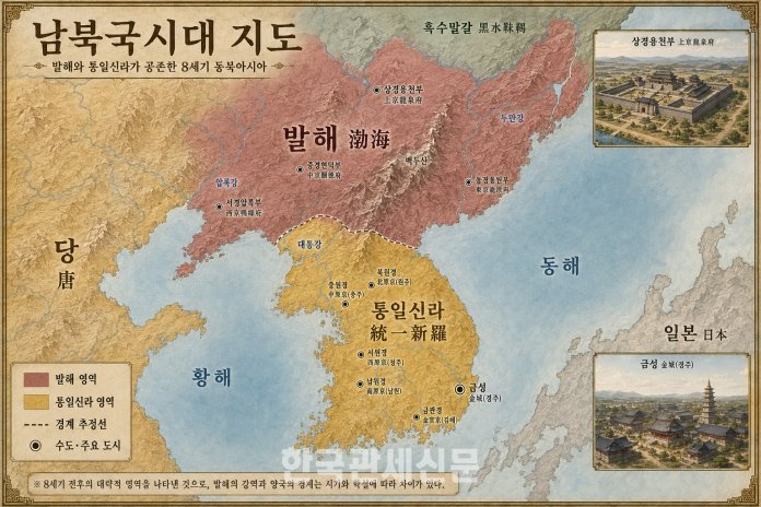 8세기 전후 동북아시아에서 북쪽의 발해와 남쪽의 통일신라가 공존했던 남북국시대의 영역을 재구성한 지도. 발해의 5경과 통일신라의 수도 금성 및 5소경을 함께 표시했다. 발해의 강역과 양국의 경계는 시기와 학설에 따라 차이가 있다. | 지도와 도시 복원도는 역사 자료를 바탕으로 제작한 AI 이미지.