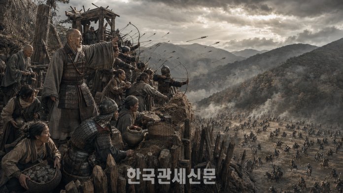기자는 대몽항쟁의 절정은 삼별초의 항쟁이 아니라고 생각한다. 1232년 몽골군의 2차 침입 당시 처인성에서 승장 김윤후와 고려 군사·승려·백성들이 힘을 합쳐 몽골 기병에 맞선 처인성 전투라 생각한다. 처인성 전투는 몽골군 지휘관 살리타이가 전사하고 침략군이 물러난 대몽항쟁의 대표적 승전으로 기록된다. | 사진은 역사적 사실을 바탕으로 재구성한 AI 이미지.