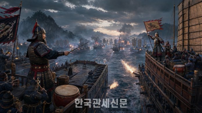 1598년 12월 노량해전에서 조선 수군의 이순신 장군과 명나라 수군의 진린 제독이 각자의 지휘선에서 조명연합수군의 협공을 지휘하는 모습. 연합수군은 퇴각하던 일본 함대의 항로를 차단하고 임진왜란의 마지막 해전을 승리로 이끌었다. | 역사적 사실을 바탕으로 재구성한 AI 이미지.