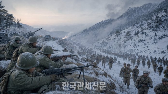 1950년 겨울 6·25전쟁에 참전한 중국인민지원군이 한반도 북부의 산악 전선을 따라 국군·유엔군 방어진지로 진격하는 모습. 중국군의 대규모 개입으로 전쟁은 새로운 국면에 접어들었다. | 당시 전투 상황을 역사적 자료에 근거해 재구성한 AI 이미지.