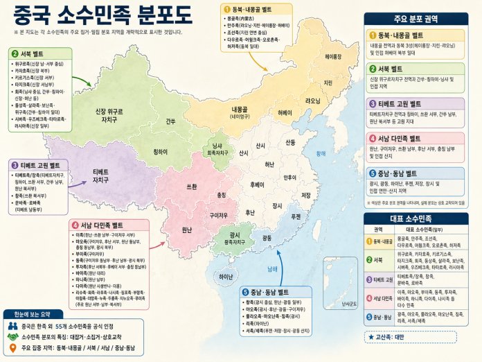 중국은 공식적으로 56개 민족으로 구성되어 있다. 한족을 제외하면 55개 소수 민족으로 구성된 다민족 국가이다. | 이미지=한국관세신문