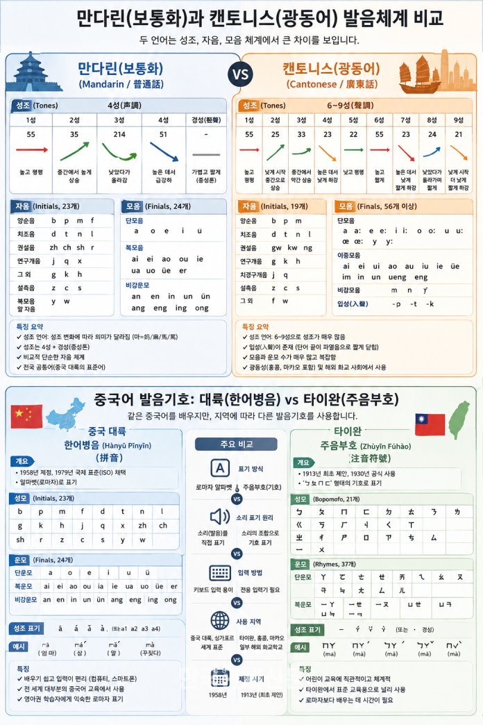 중국어는 같은 만다린(표준중국어) 계열이라도 중국 대륙은 한어병음(Pinyin), **타이완은 주음부호(注音符號, 보포모포)**를 중심으로 배운다. 이 인포그래픽은 두 표기 체계의 구조와 학습 방식의 차이를 비교한 것이다. | 한국관세신문